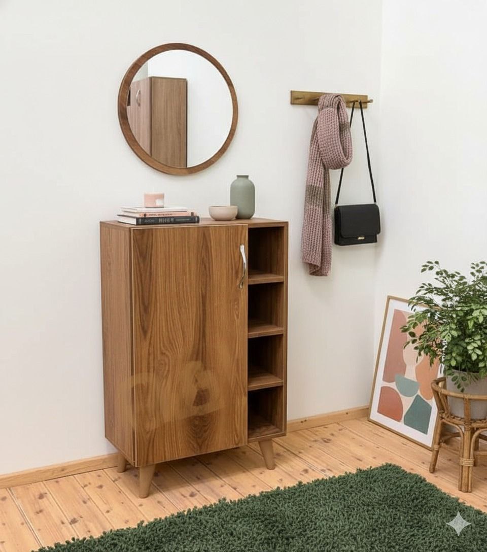 Meuble d’entrée avec miroir & rangement chaussures – Bois naturel moderne