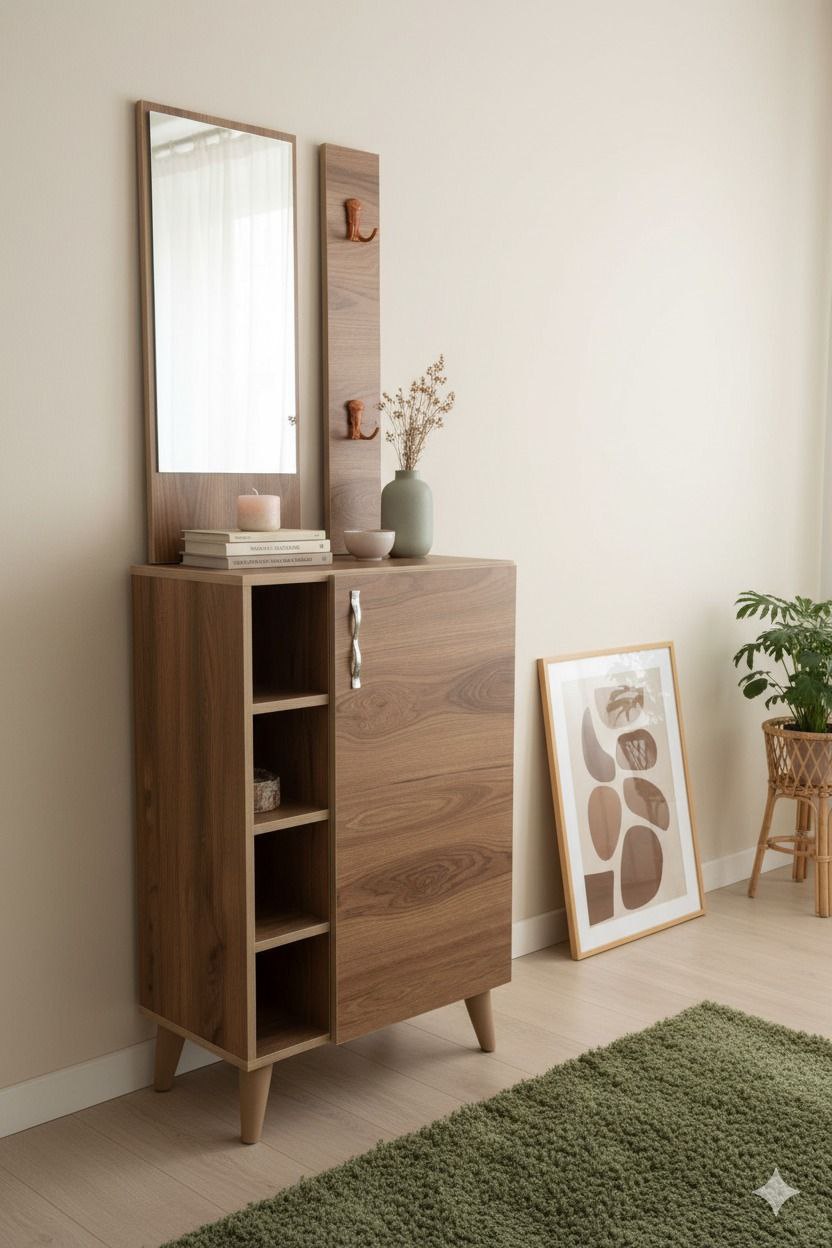 Meuble d’entrée en bois avec miroir & rangements – Design moderne naturel