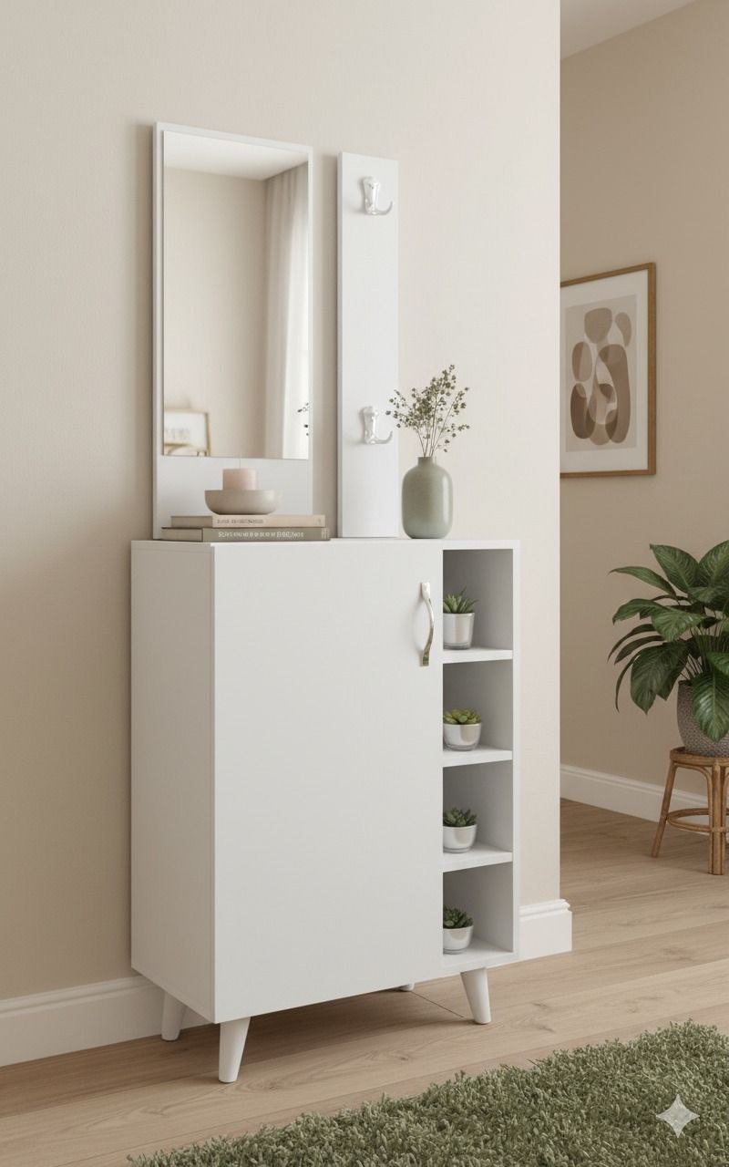 Meuble de rangement avec miroir – Design moderne blanc & bois clair