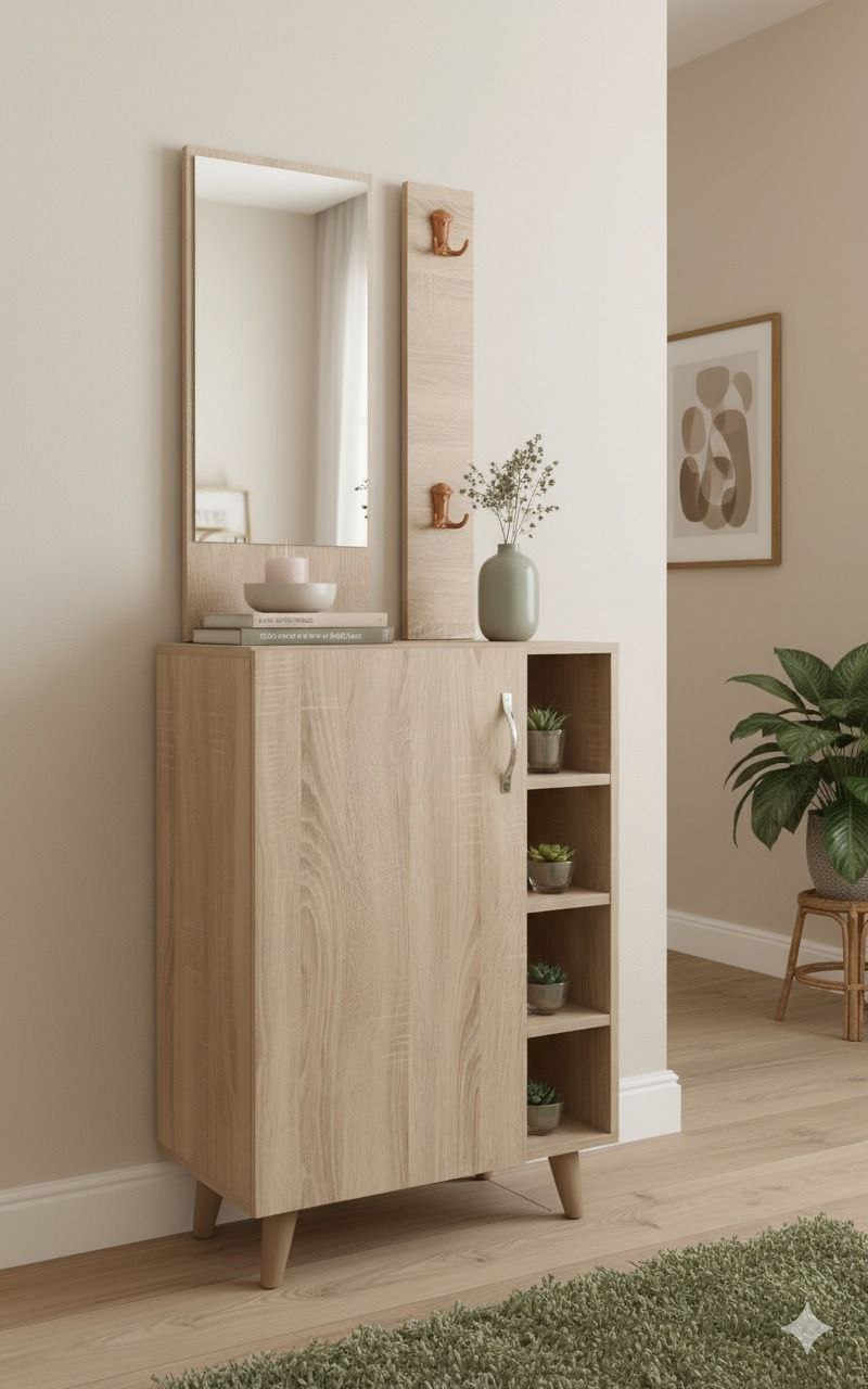 Meuble de rangement avec miroir – Design moderne bois clair & blanc