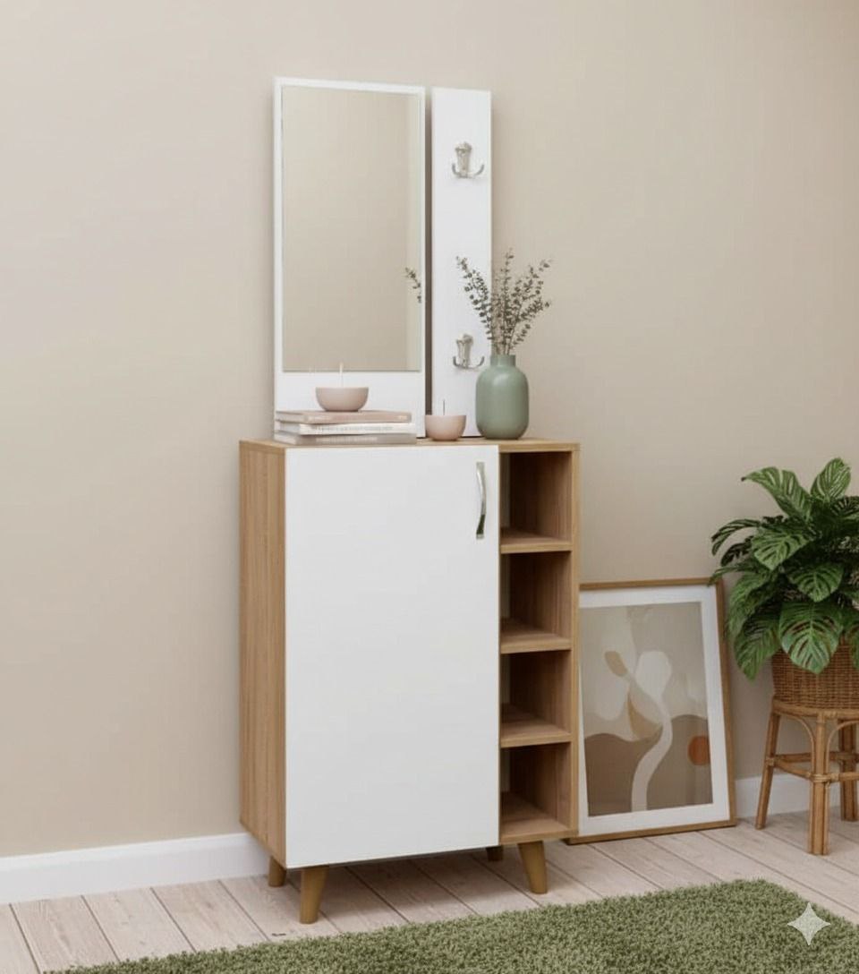 Meuble de rangement avec miroir – Design moderne bois & blanc