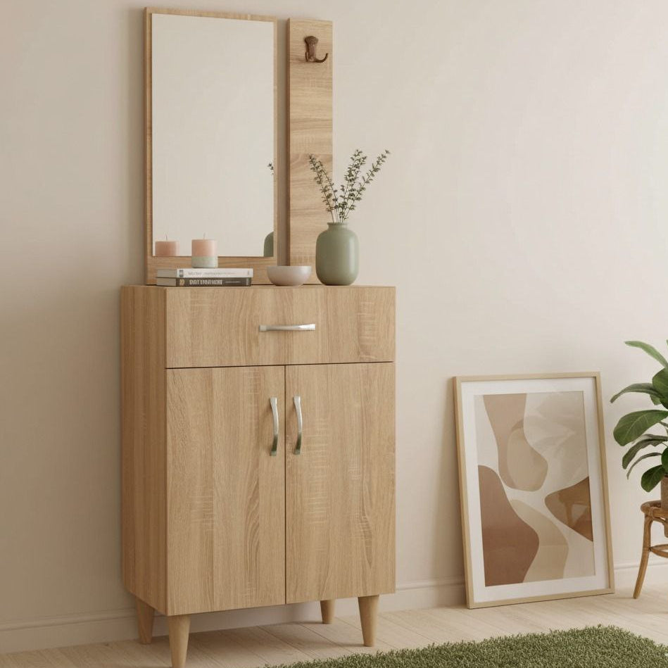 Meuble de rangement avec miroir – Style moderne en bois clair