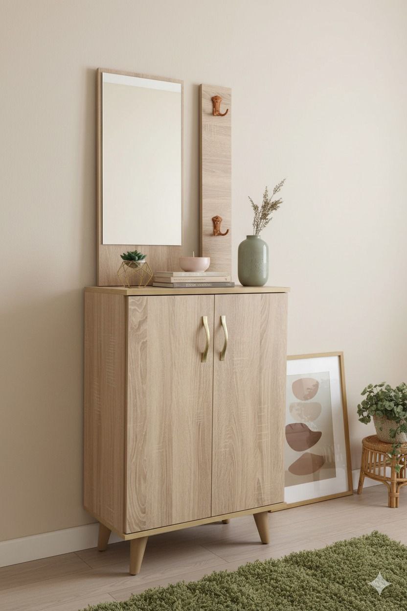 Meuble d’entrée en bois clair avec miroir & rangement – Design moderne naturel