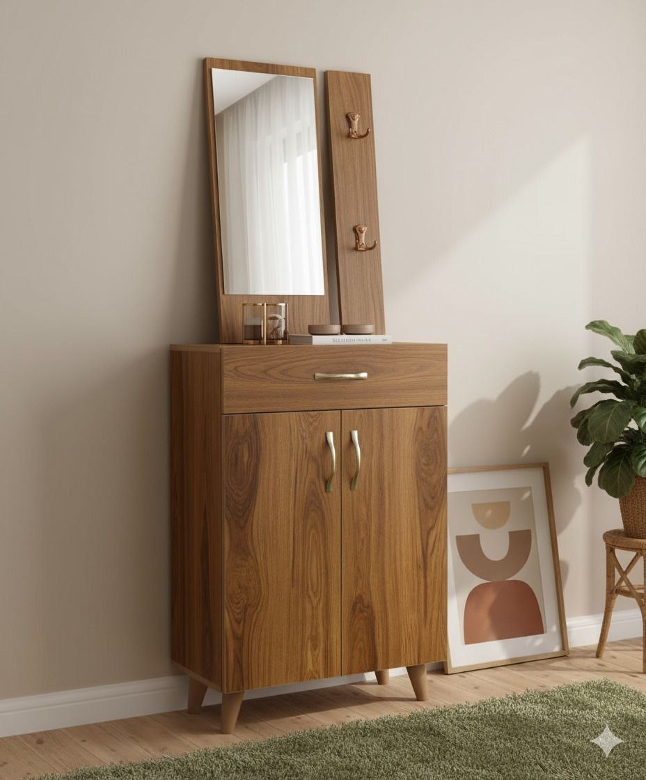 Meuble d’entrée en bois foncé avec miroir & rangement – Design moderne élégant