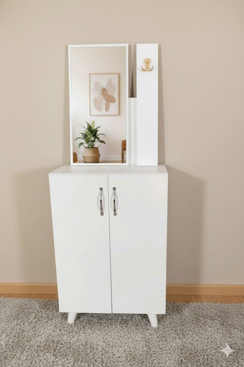 Meuble d’entrée blanc avec miroir & rangement – Design moderne compact