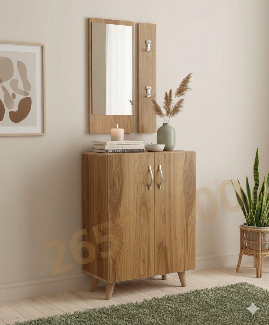 Meuble d’entrée en bois clair avec miroir & rangement – Design moderne naturel