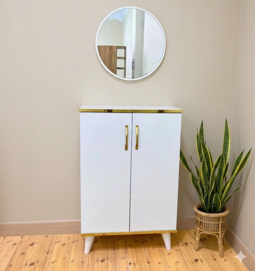 Meuble d’entrée avec miroir & rangement – Blanc moderne élégant