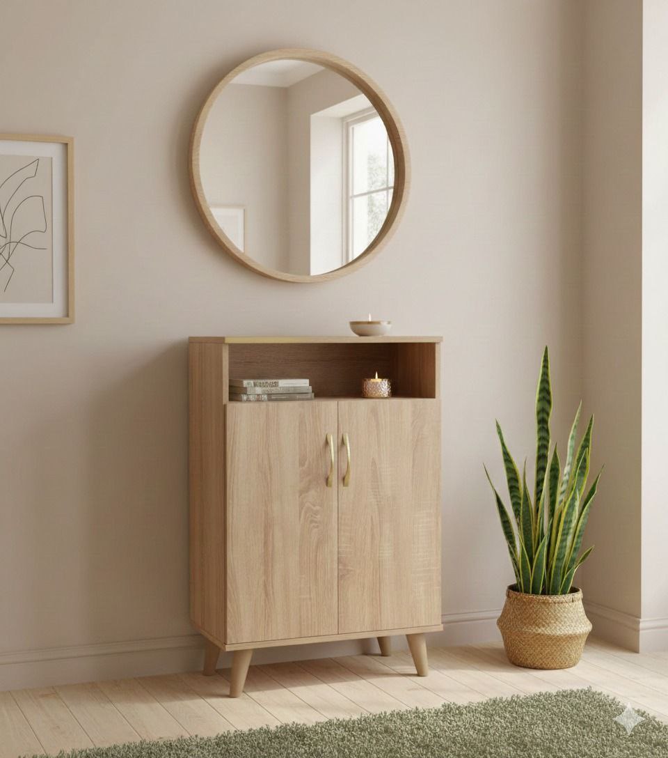 Meuble d’entrée avec miroir & rangement – Bois clair design moderne