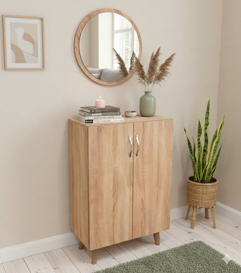 Meuble d’entrée avec miroir & rangement – Bois clair design moderne