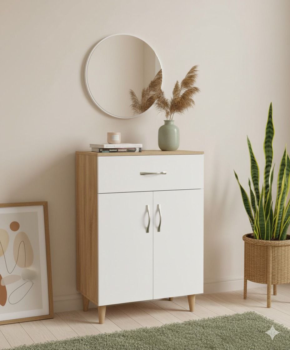 Meuble d’entrée avec miroir & rangement – Blanc & bois clair design moderne