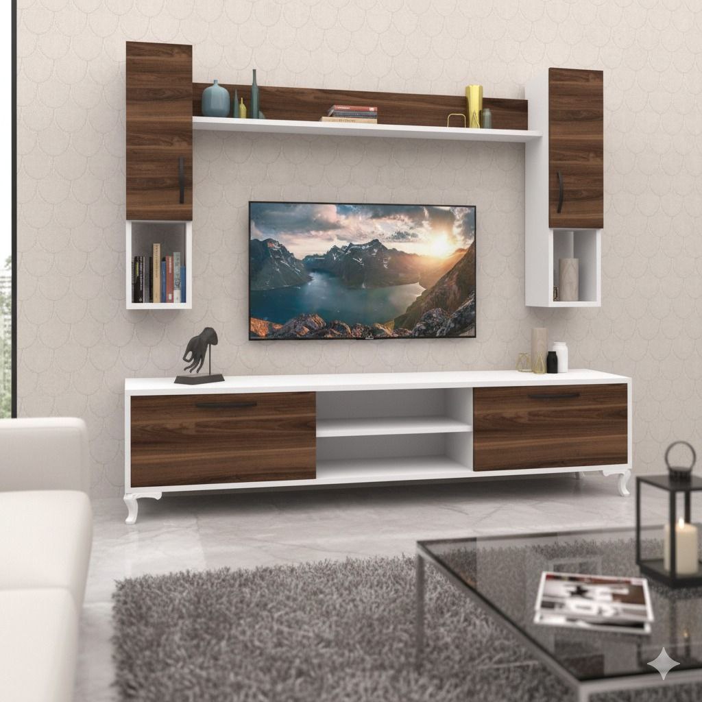 Meuble TV moderne avec rangements muraux – Design élégant bois & blanc