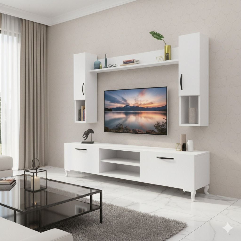 Meuble TV moderne avec rangements muraux – Blanc élégant design contemporain