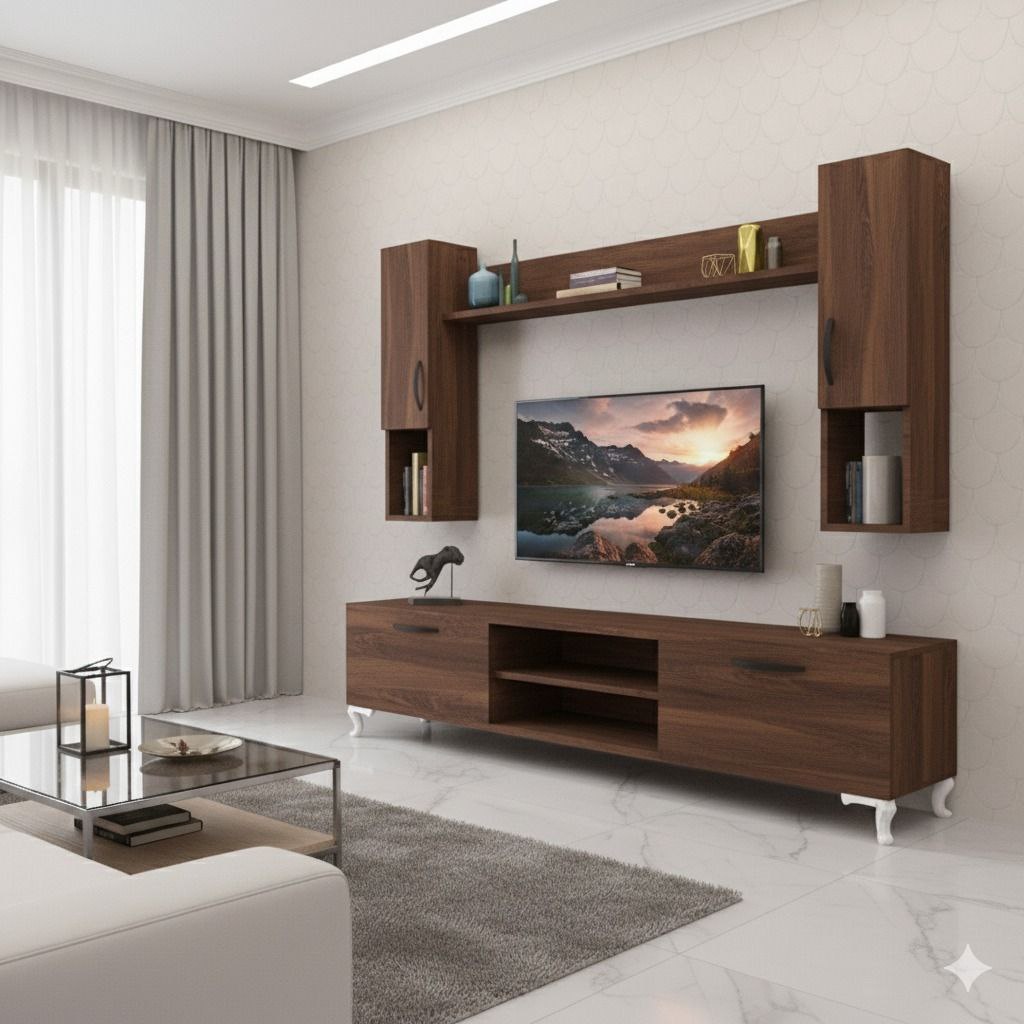 Meuble TV moderne avec rangements muraux – Bois foncé design élégant