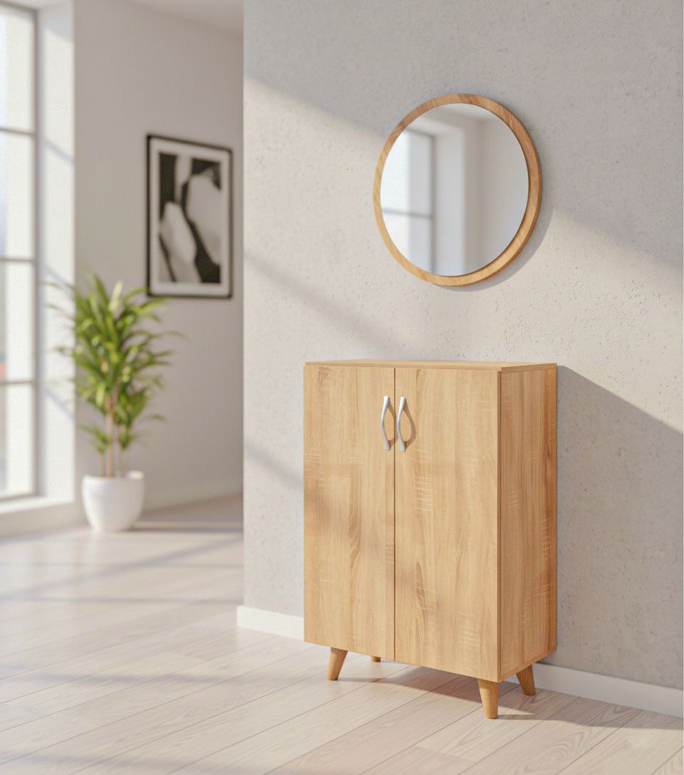 Meuble d’entrée moderne avec miroir rond – Design scandinave