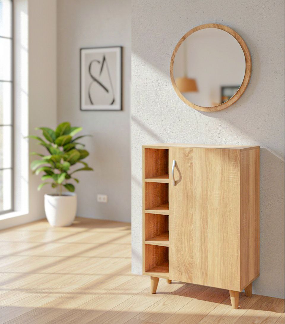 Meuble d’entrée moderne avec miroir rond – Design scandinave