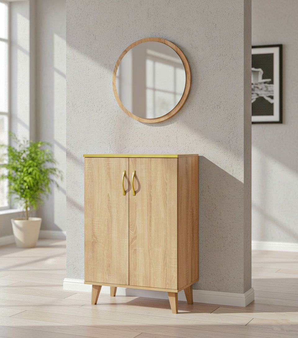 Meuble d’entrée moderne avec miroir rond – Design scandinave