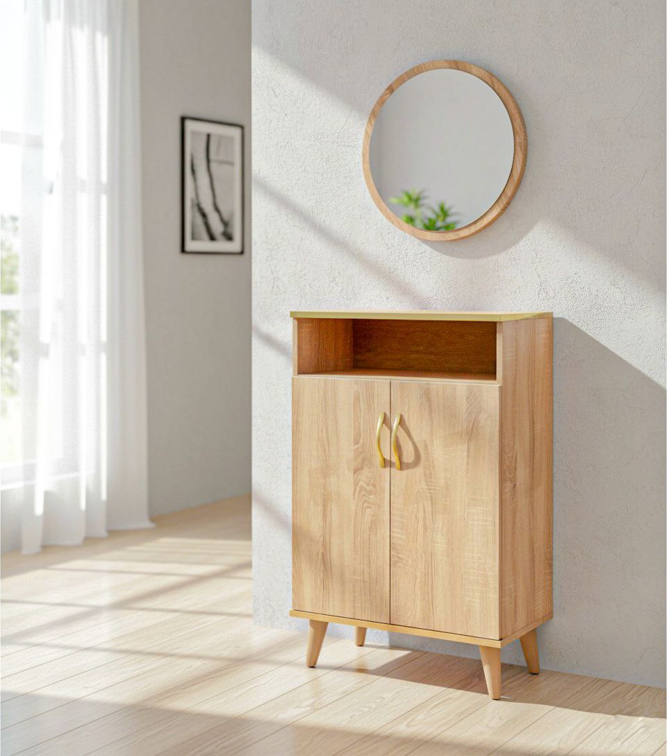 Meuble d’entrée moderne avec miroir rond – Design scandinave