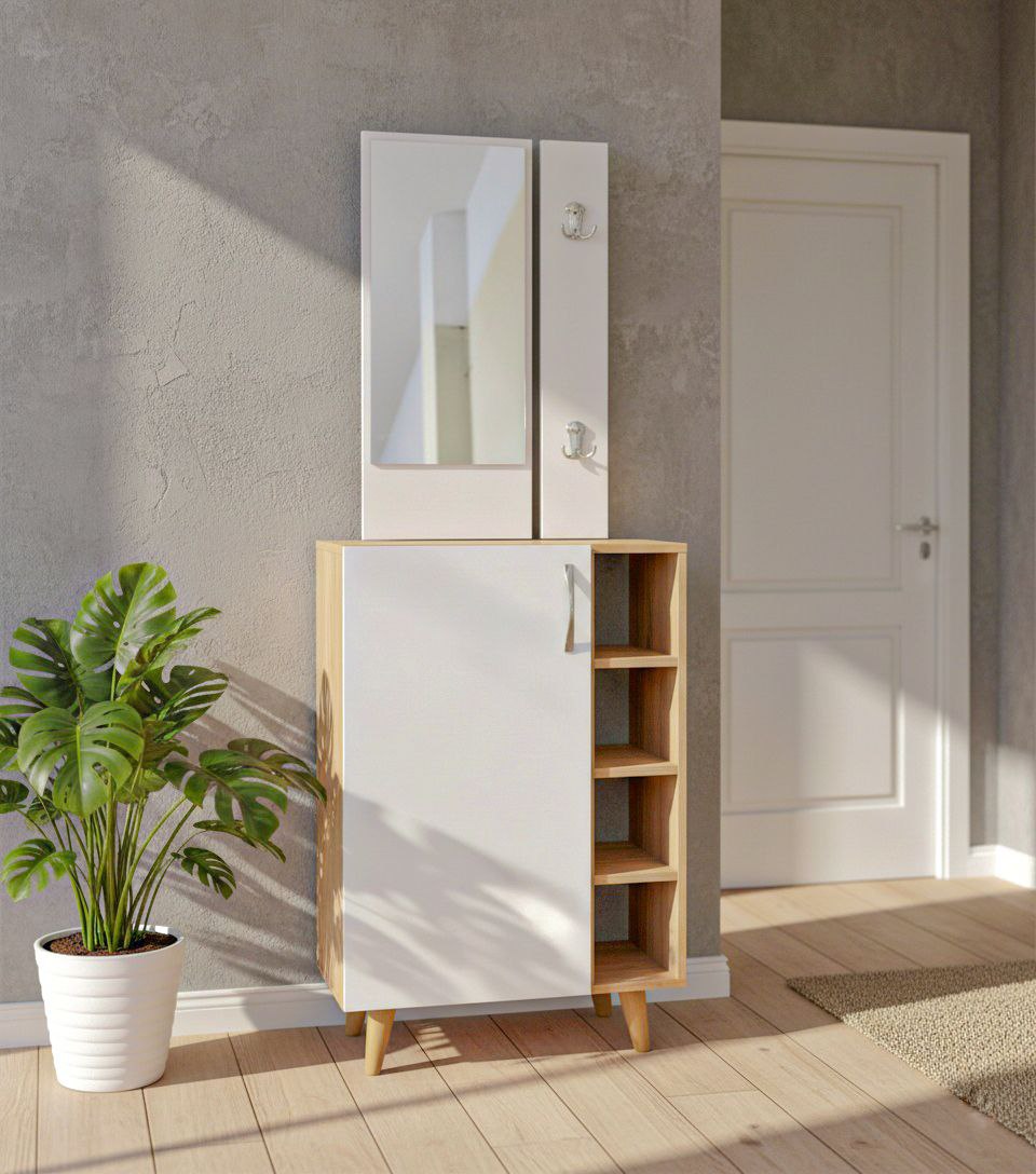 Meuble d’entrée avec miroir et porte-manteaux – Style Scandinave Moderne