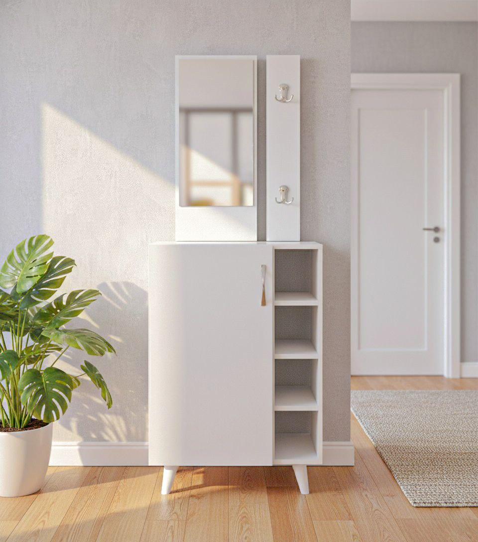 Meuble d’entrée avec miroir et porte-manteaux – Style Scandinave Moderne