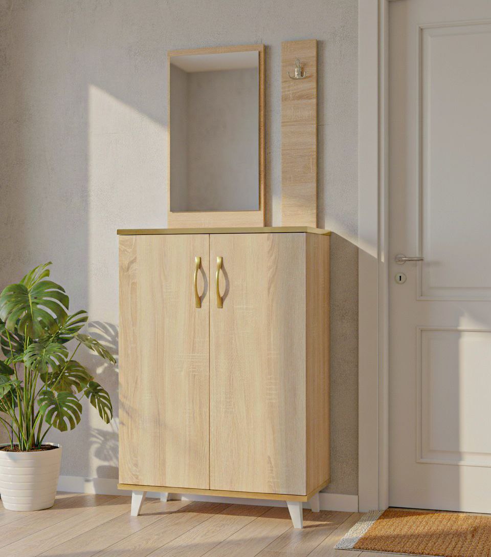 Meuble d’entrée avec miroir et porte-manteaux – Style Scandinave Moderne